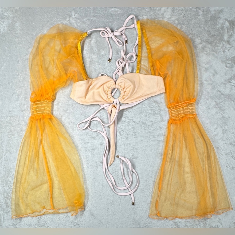 ZYA Dollskill Cassia Crop Sheer Orange Flare Long Sleeves Orange Pink Top Size 6